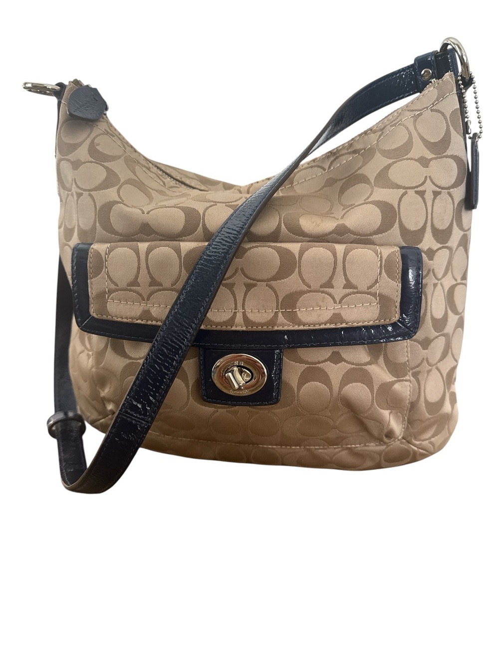 Coach F19232 Tan Signature Canvas Crossbody with Navy Trim - Picture 13 of 15